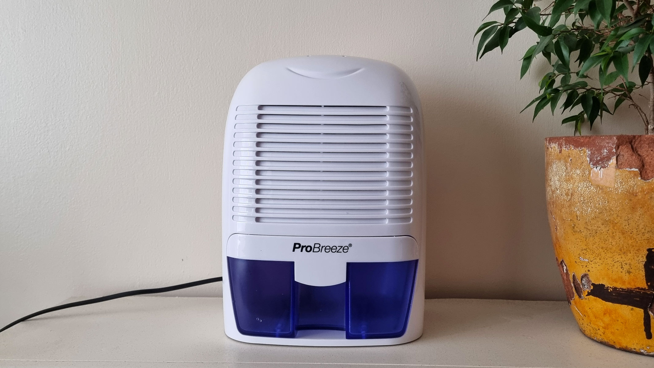 Vue de face du mini déshumidificateur ProBreeze sur un fond mural.