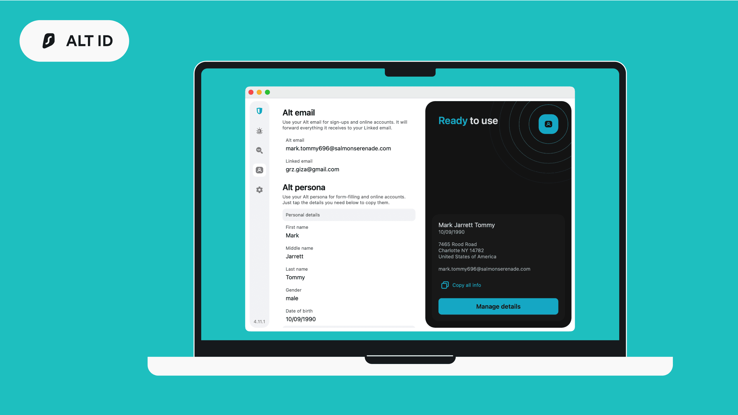 - ID alternatif : cet outil vous donne une nouvelle identité à utiliser en ligne. Il comprend un faux nom, une adresse e-mail et d'autres détails, vous n'avez donc pas à partager vos vraies informations. C'est idéal pour vous inscrire à des sites Web ou à des newsletters sans vous soucier du spam ou des violations de données. 