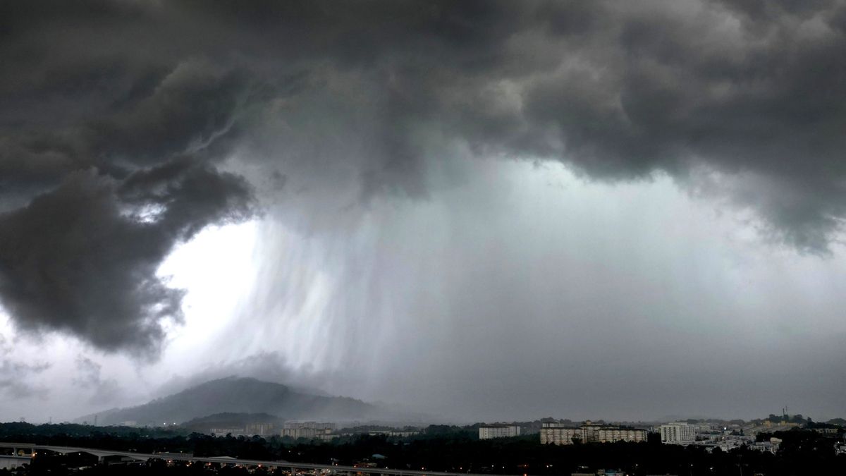 A stock image of a storm with heavy rain.