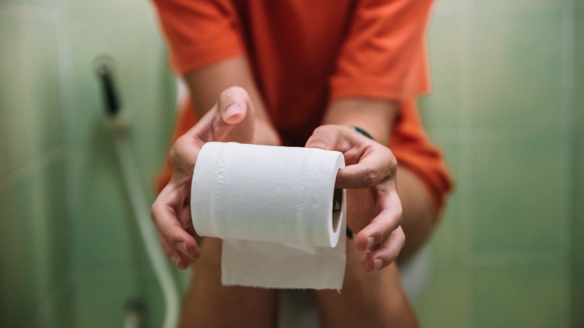 The mid-section of a person is shown as they are sat on the toilet holding a roll of toilet paper.