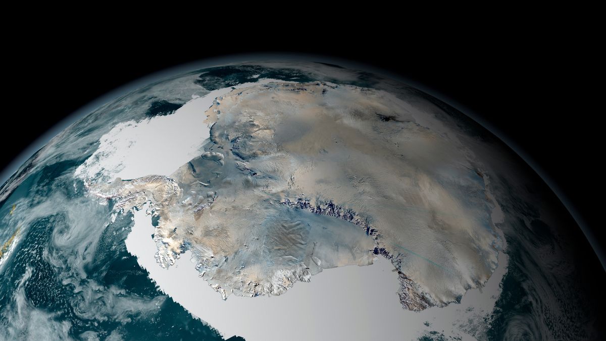 The frozen continent of Antarctica and its surrounding sea ice.