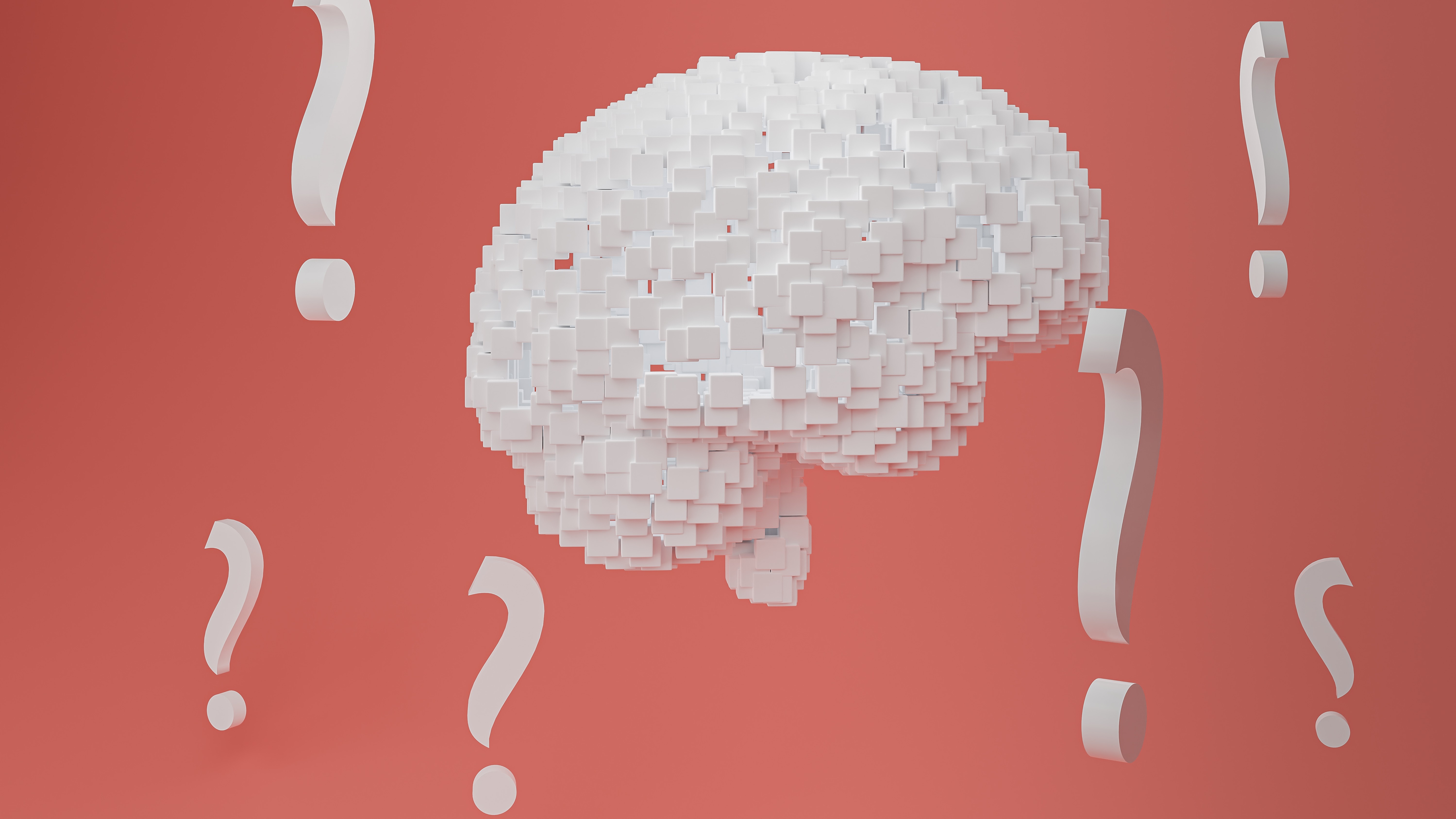 Un cerveau virtuel flottant entouré de points d'interrogation.