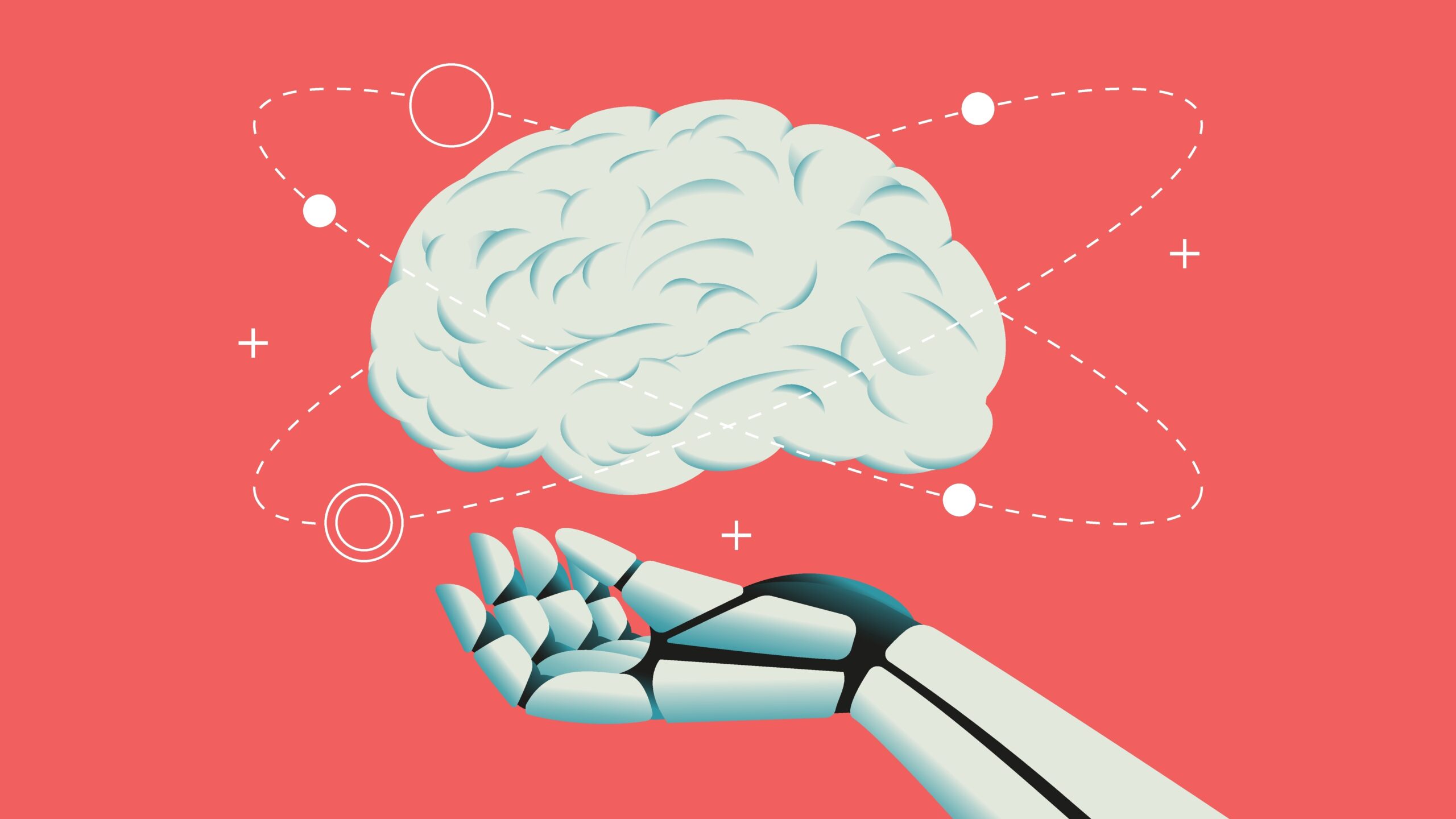 A cartoon brain is suspended over a robot hand.