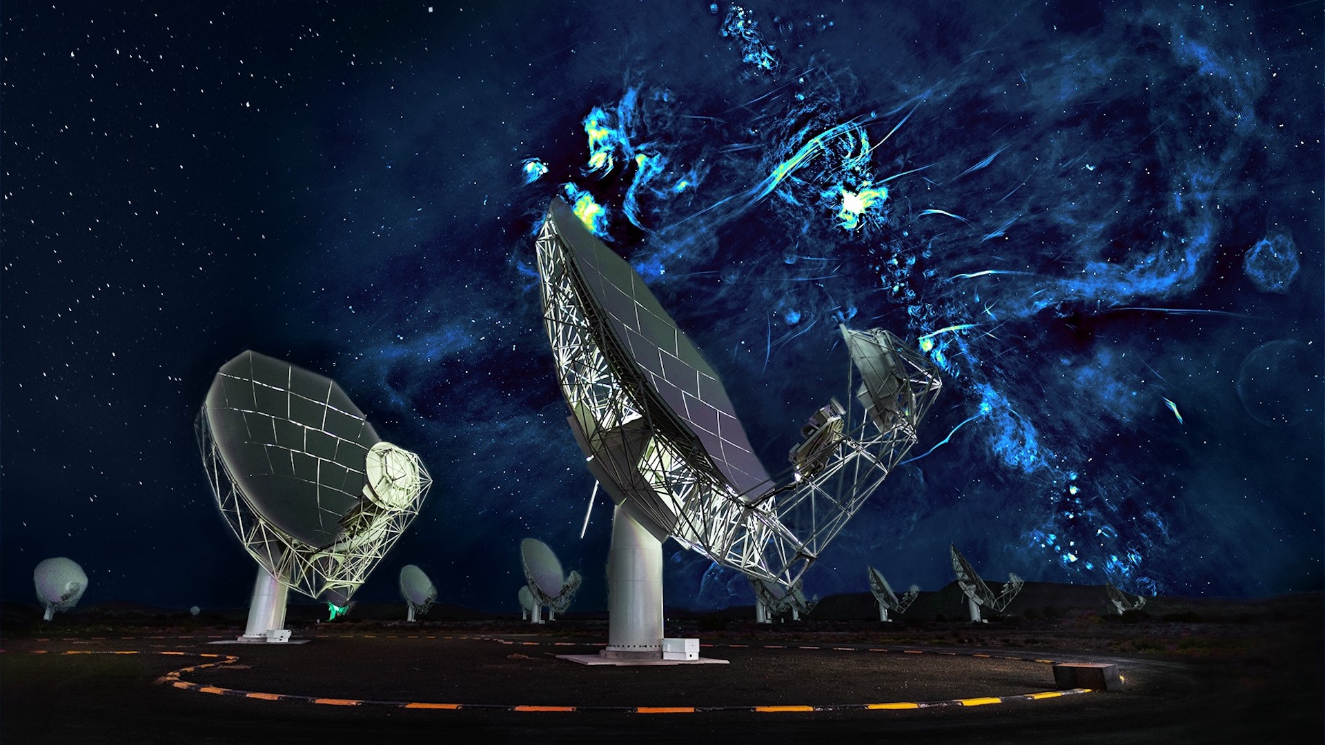 an image of a large telescope array with a psychedelic outer space design in the background