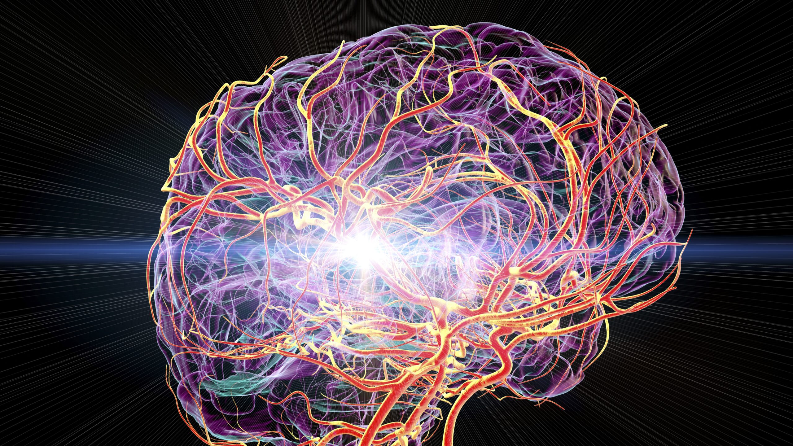 illustration shows blood vessels of the brain, with a bright light indicating an injury to one vessel toward the middle
