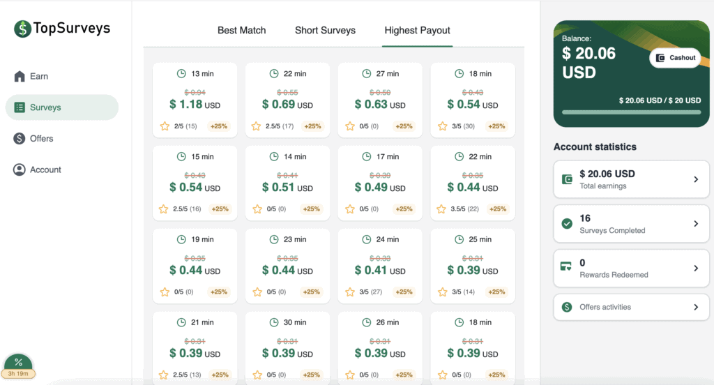 Topsurveys répertorie des dizaines d'enquêtes disponibles, avec des taux de paiement et des délais d'achèvement clairs pour vous aider à choisir les meilleurs.