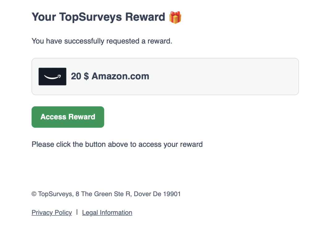 Voici la preuve que j'ai réussi à encaisser une carte-cadeau Amazon de 20 $ de TopSurveys après avoir atteint le seuil de paiement.
