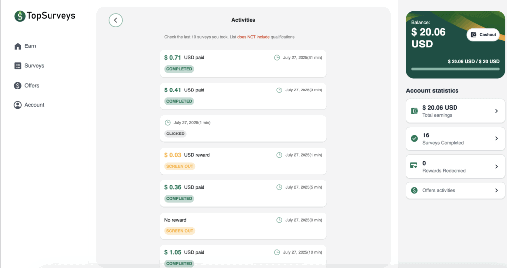 Mon activité montre des enquêtes terminées, des écrans et des paiements exacts reçus pour chacun.