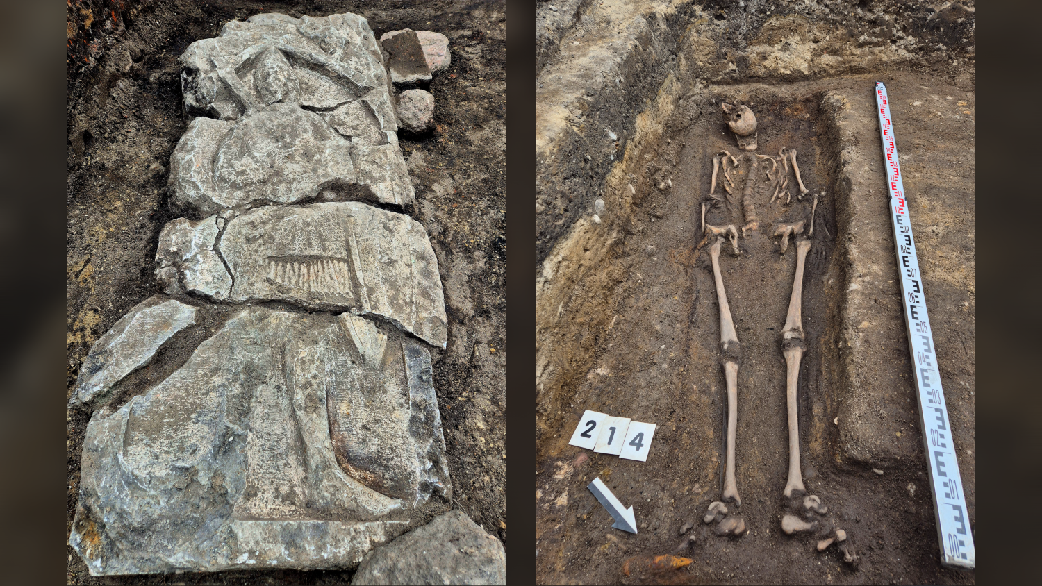 tombstone on the left and a human skeleton on the right