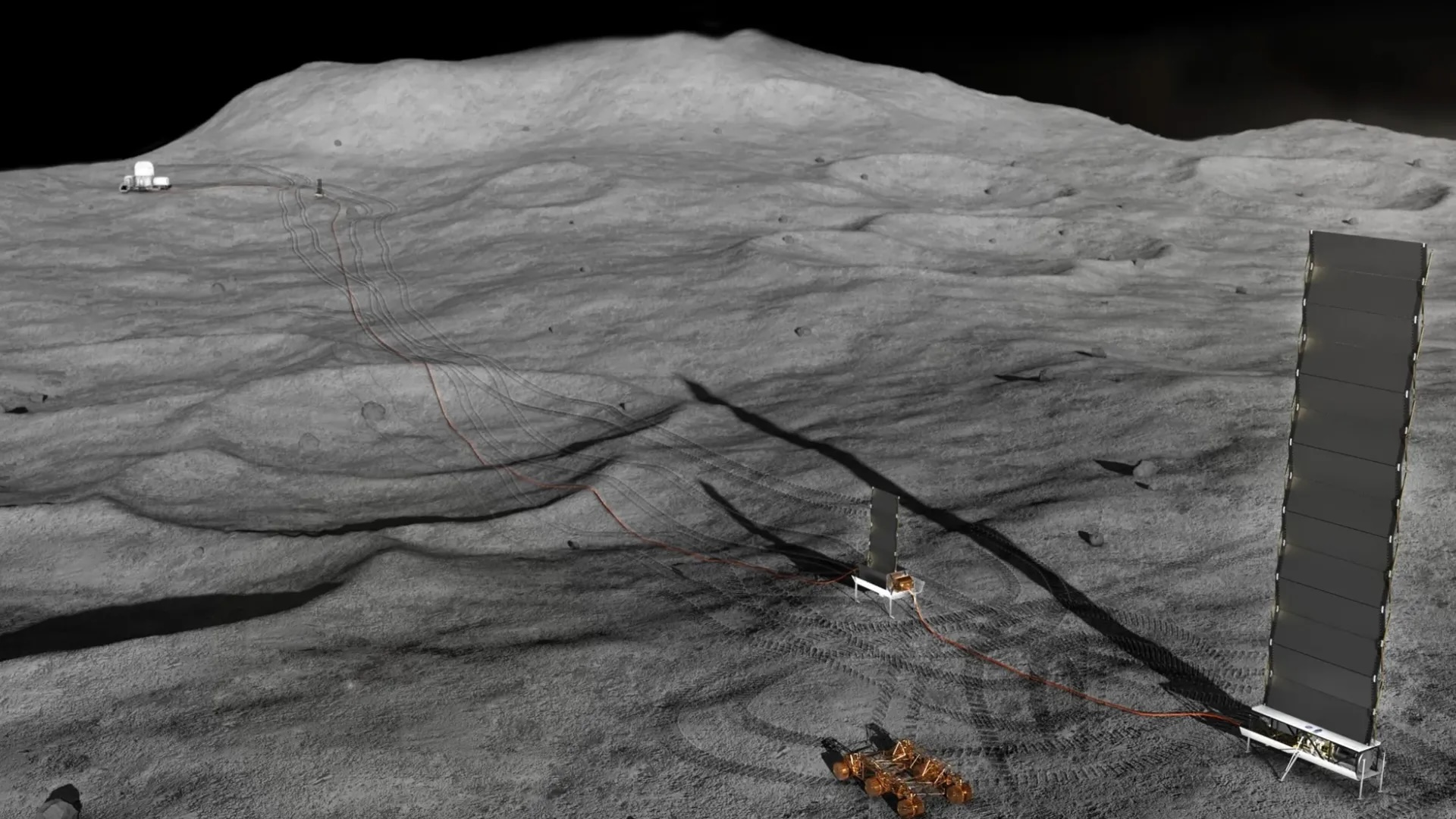 Illustration d'une petite base de lune lointaine sur la surface vallonnée et marquée de cratère de la lune.
