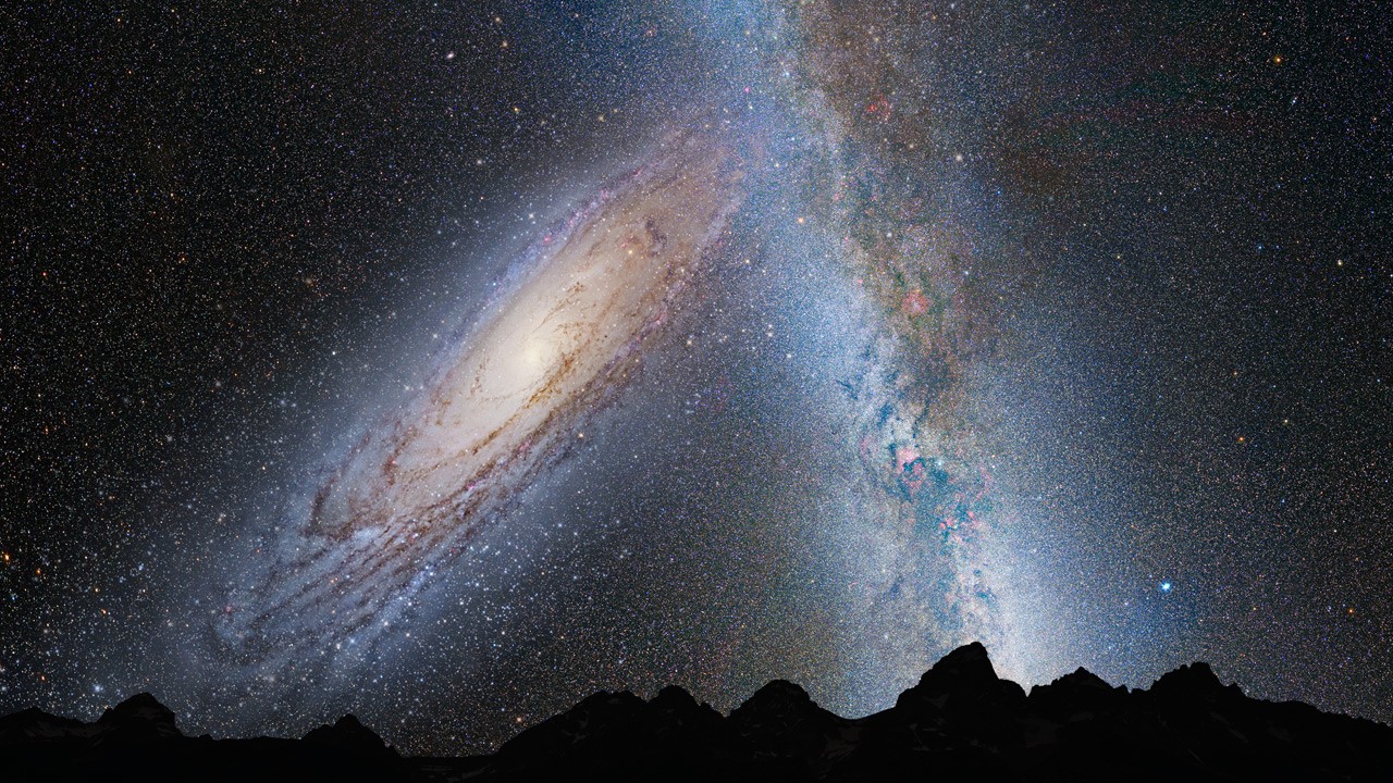 Une illustration d'une galaxie en spirale s'approchant de la bande de la Voie lactée dans le ciel de la Terre