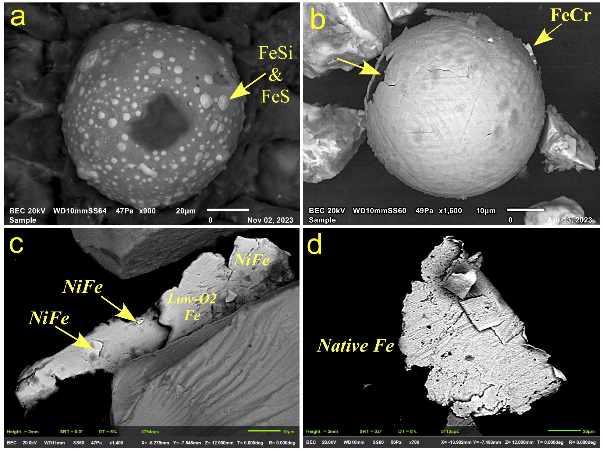 A four-paneled microscope image of metallic dust