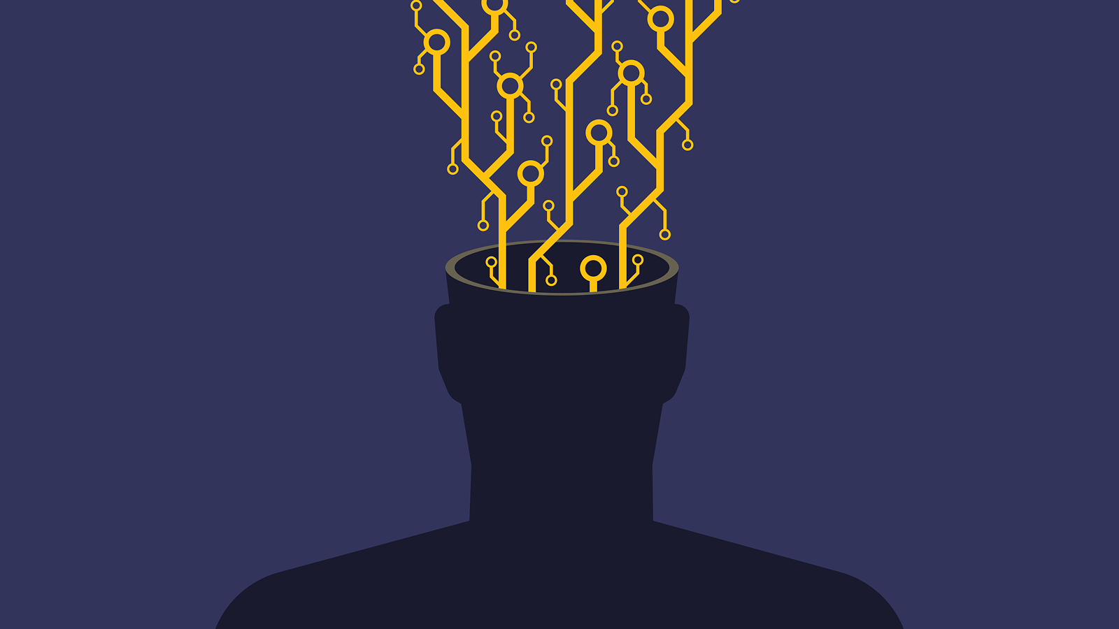 Image d'une silhouette humaine sans visage (poitrine relevée) avec des contacts de micropuce et des circuits exposés sortant de sa tête ouverte. Cette métaphore visuelle explore le transhumanisme, l'intégration de l'IA ou l'érosion de la pensée organique à l'ère numérique.