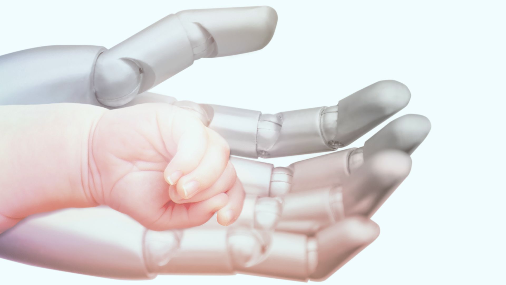 an illustration of a baby's hand on top of a large, robotic hand