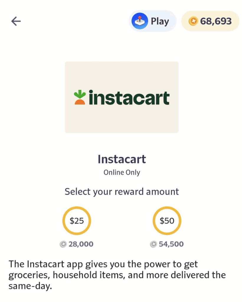 Carte-cadeau Instacart sur les récompenses Fetch