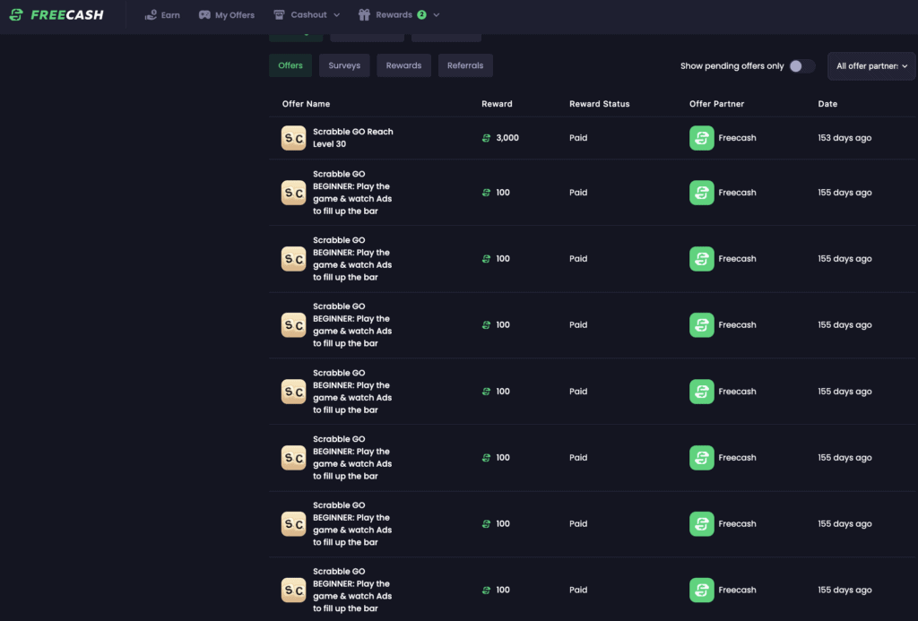 Capture d'écran de mes revenus FreeCash