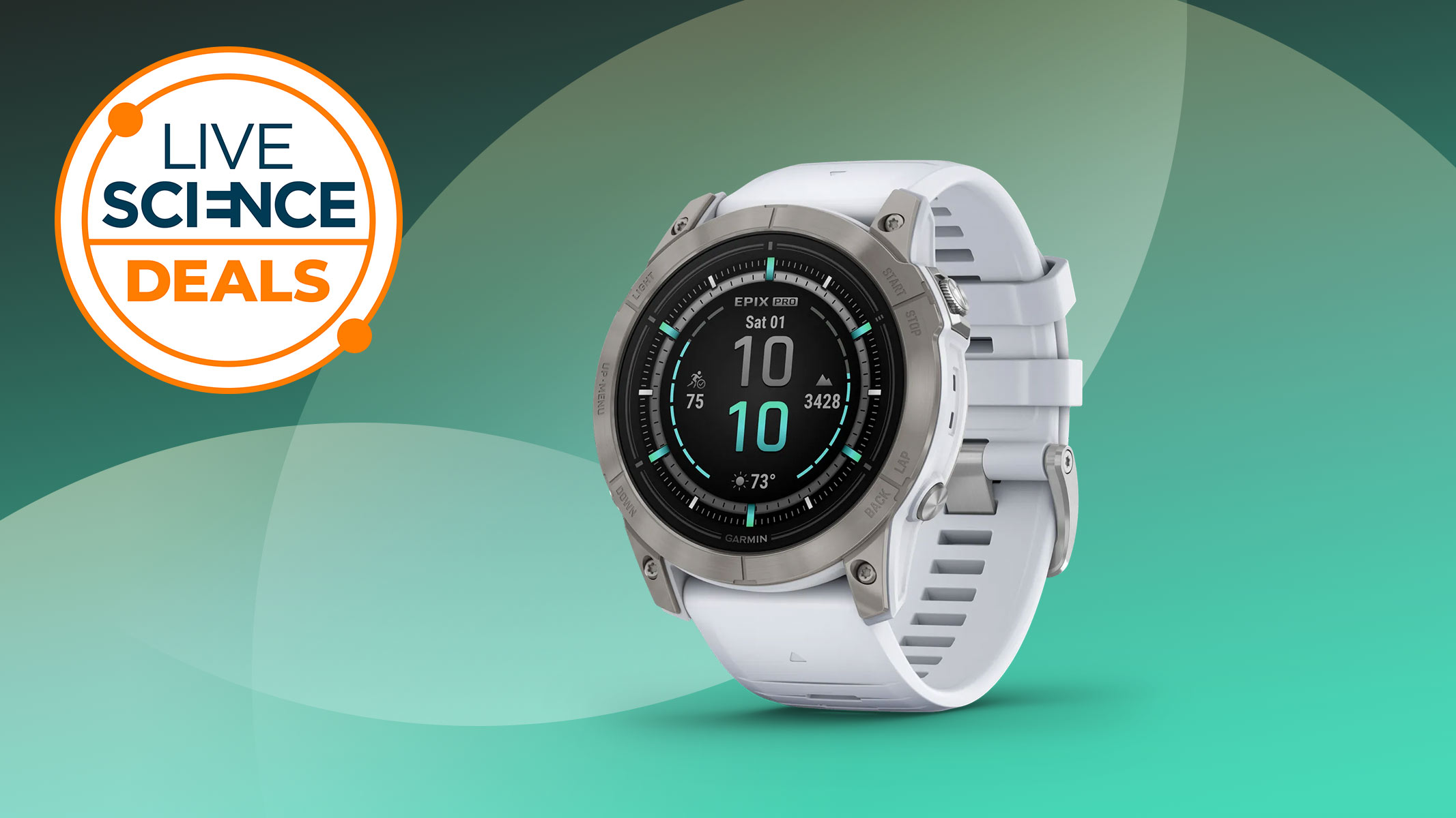 A LiveScience Deals logo and Garmin Epix pro (Gen 2) in white on a green background