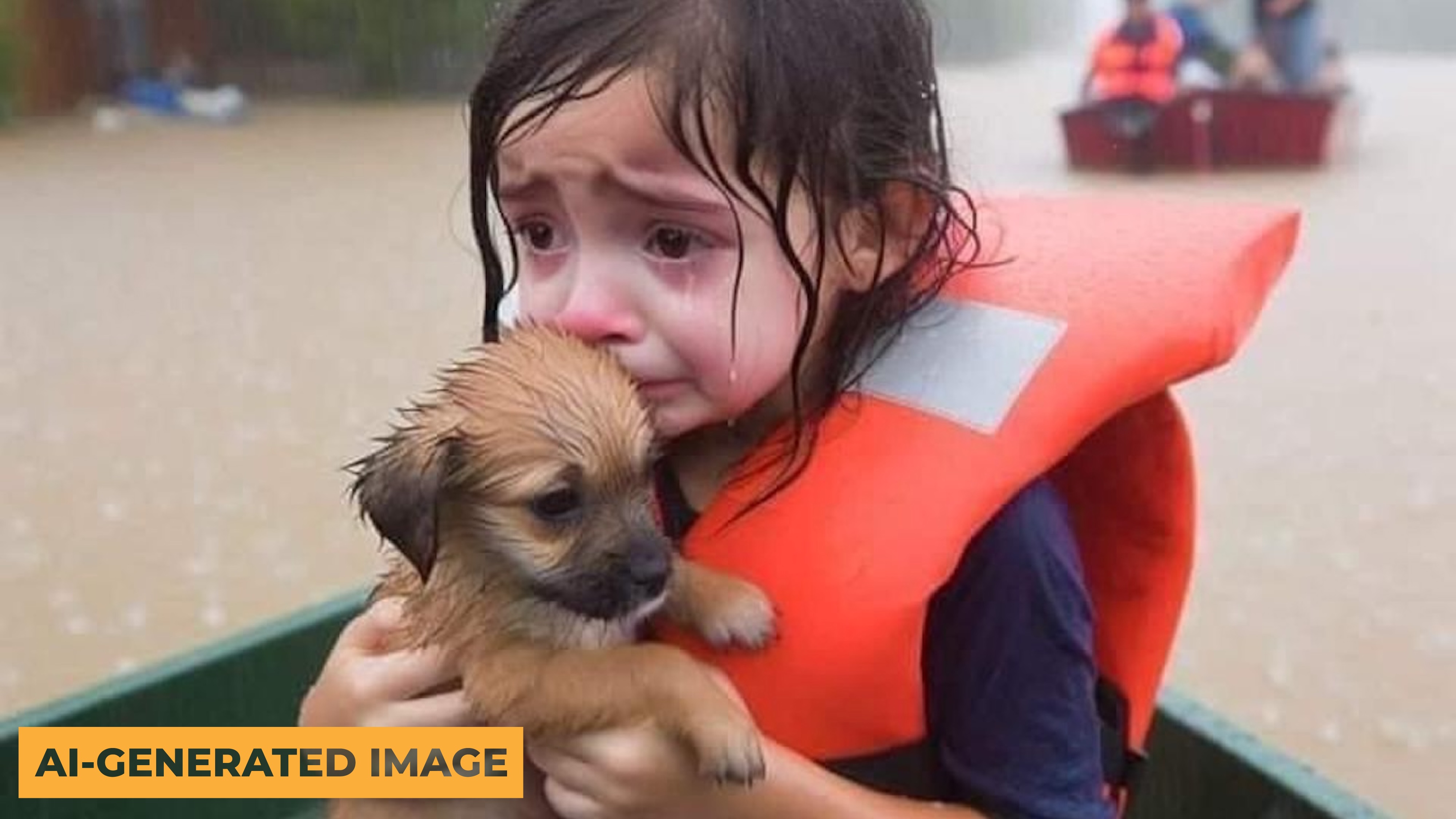 Image générée par l'IA d'une jeune fille portant un gilet de sauvetage et tenant un chiot lors d'une inondation.