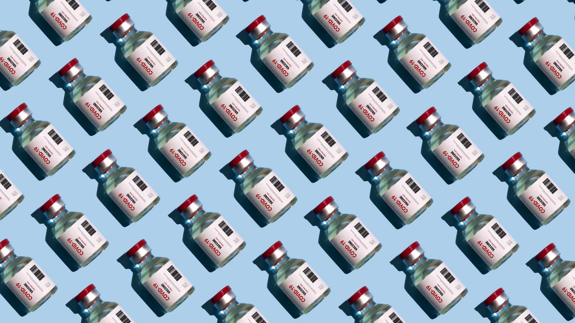 An illustration of a repeating pattern of COVID vaccine vials