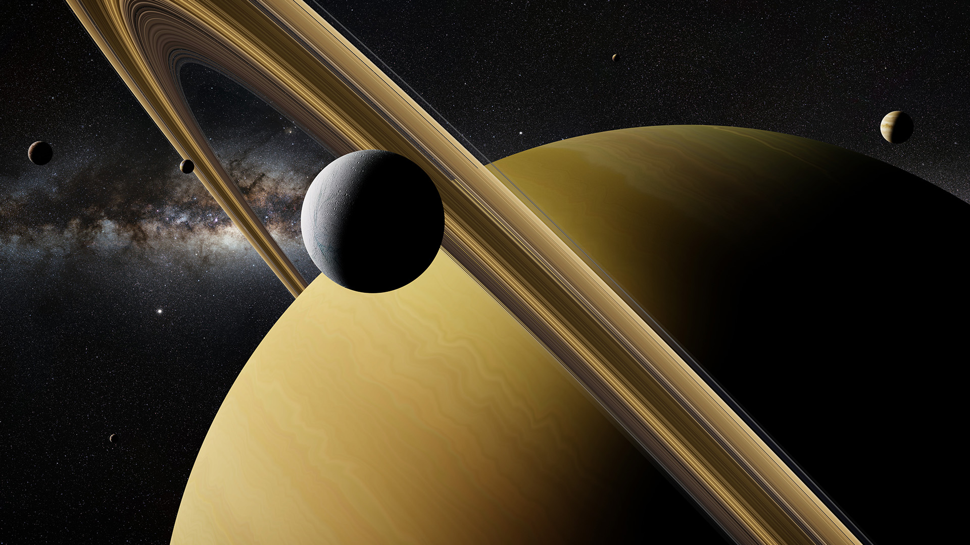 Saturne Moon Enceladus devant la planète Saturne, anneaux et autres lunes.
