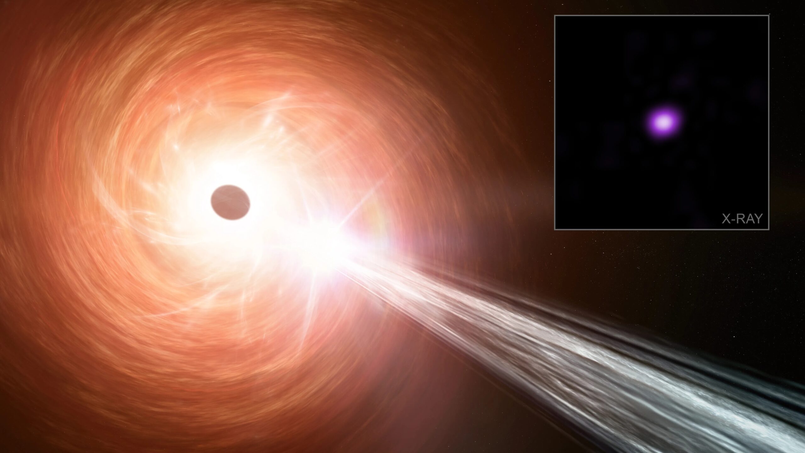 An illustration of a supermassive black hole blasting out a jet of energy in the early universe