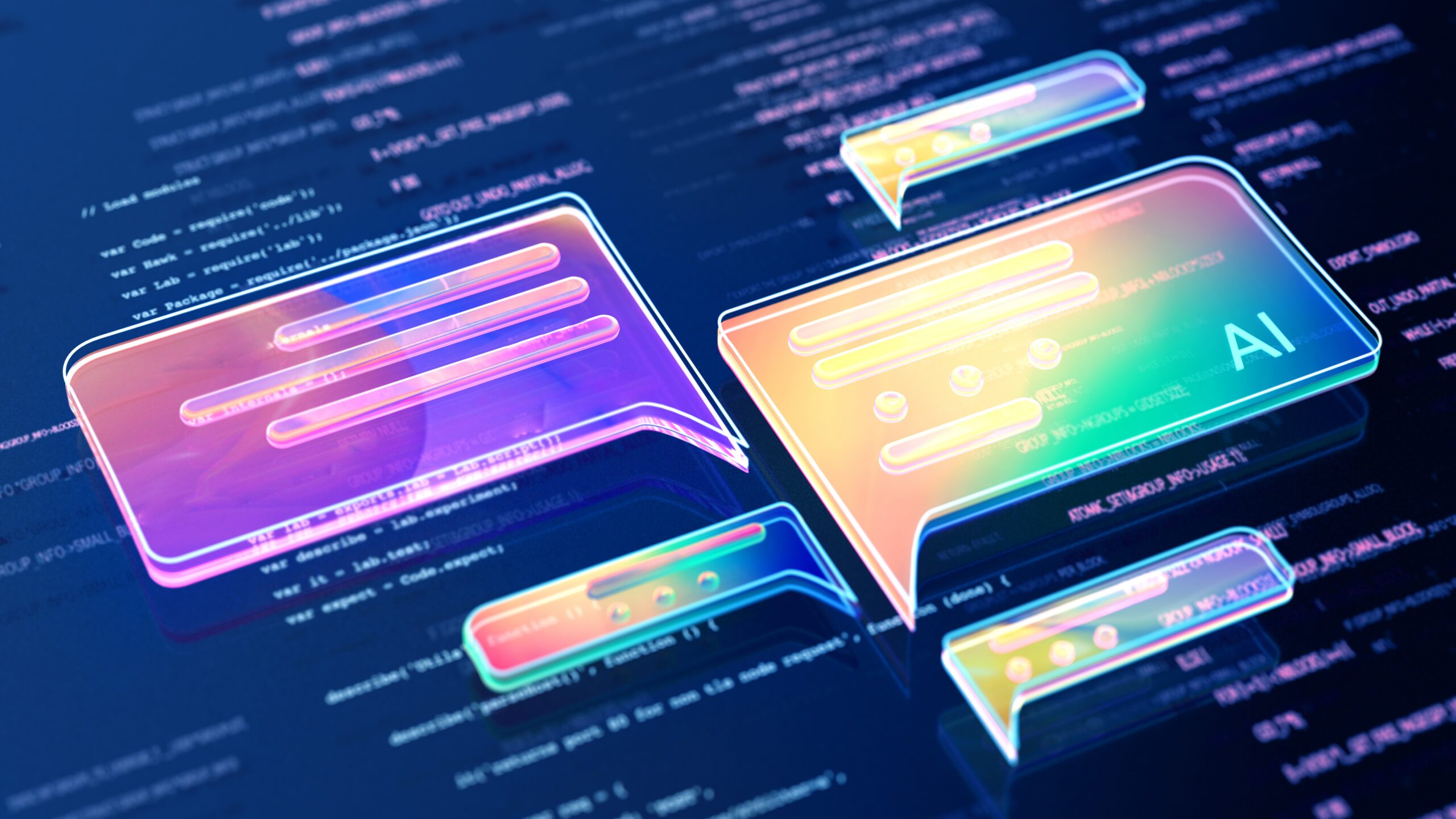 A concept image of AI chat icons floating over a backdrop of code.
