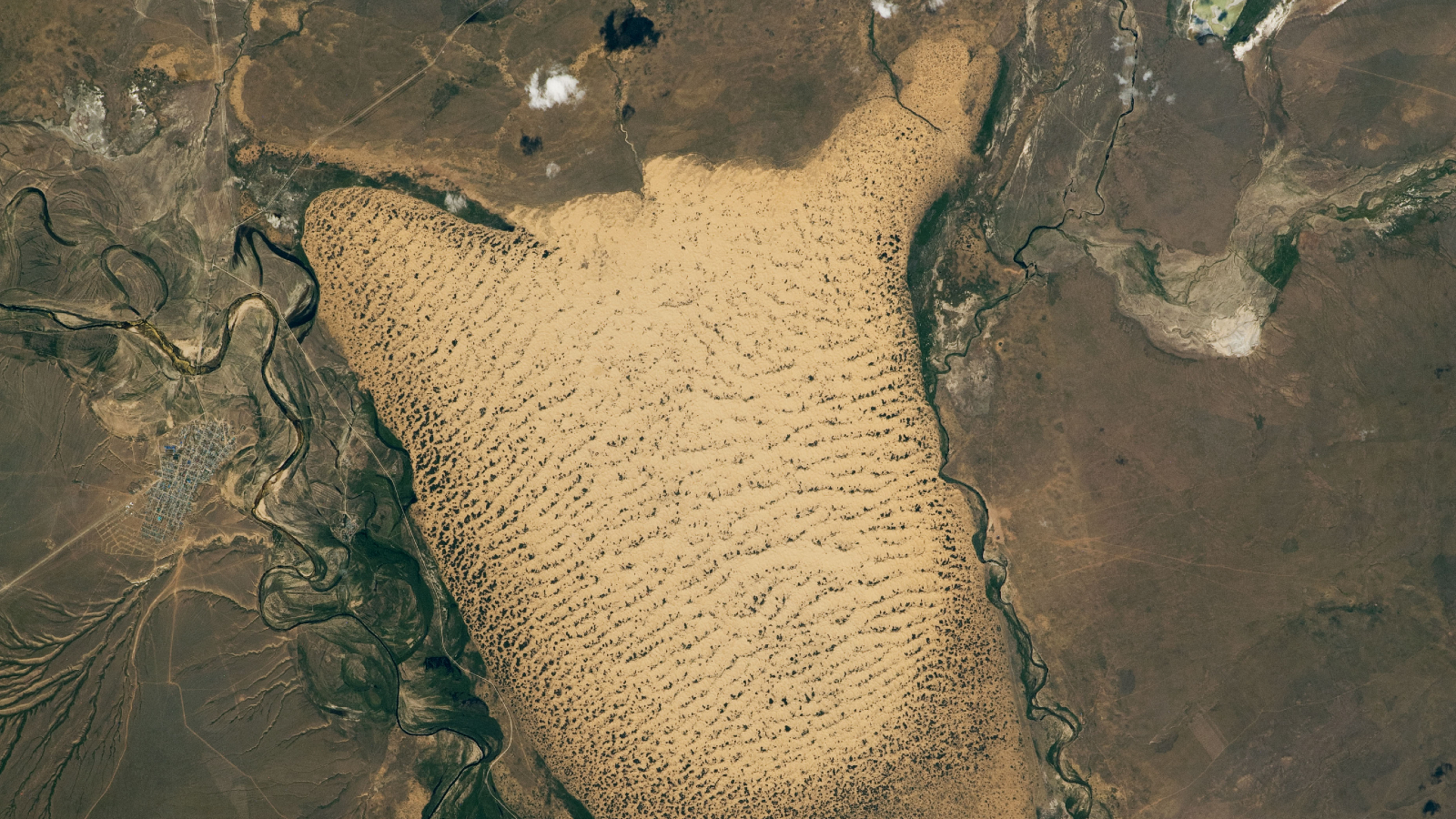 Une image satellite d'un champ géant en forme de limace des dunes de sable au Kazakhstan
