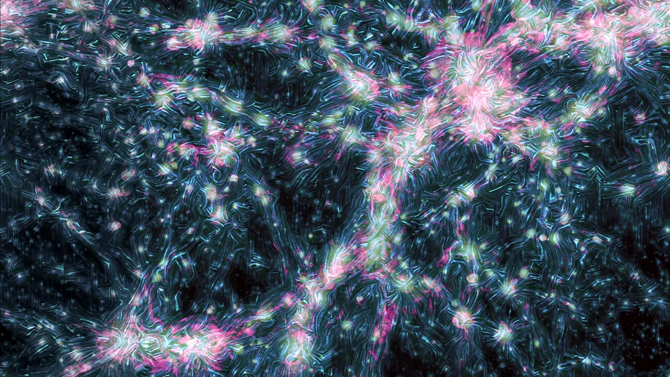 An artists interpretation of magnetic field lines radiating from the cosmic web