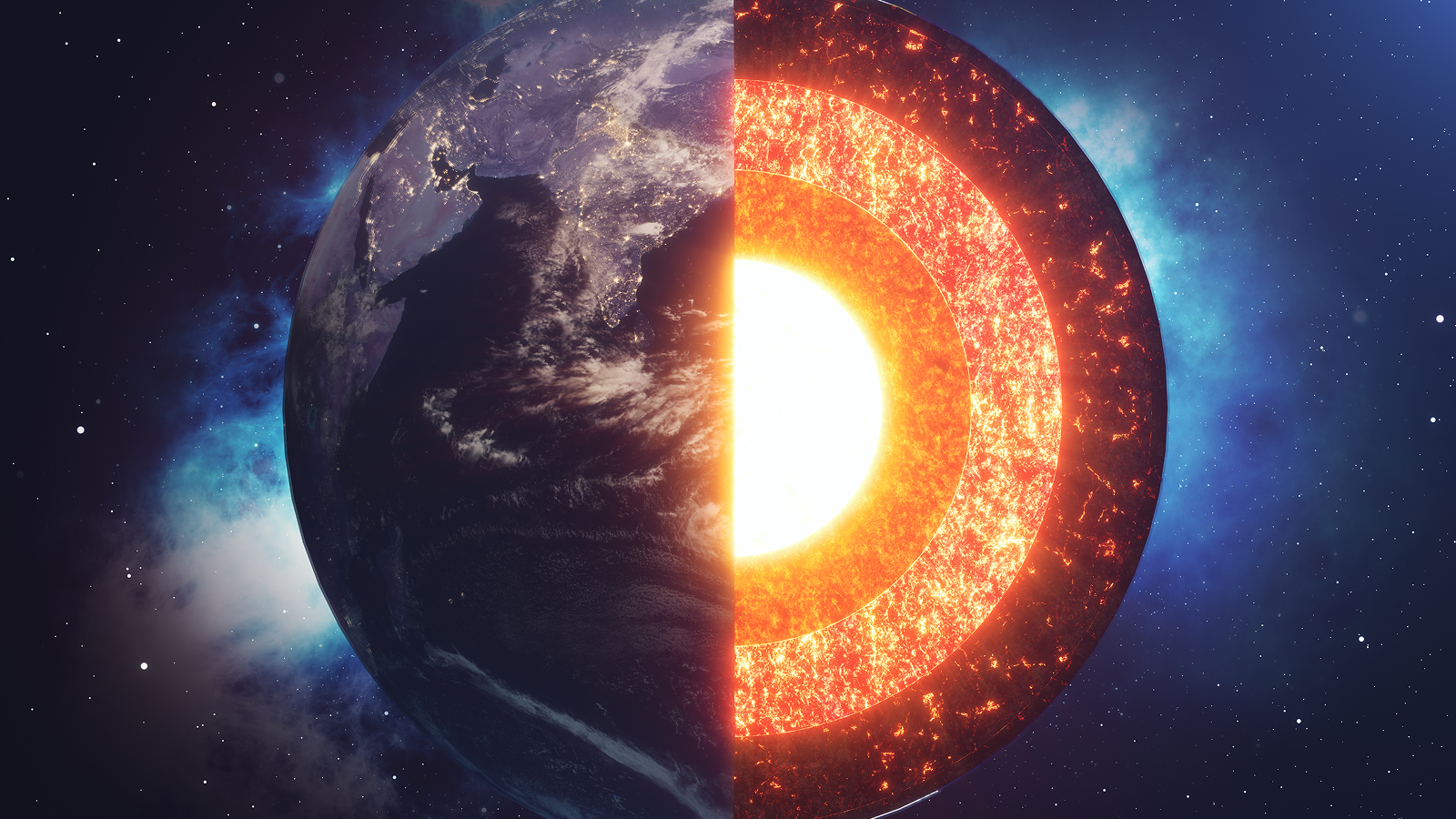The structure of the earth's crust. Earth cross section in space view.