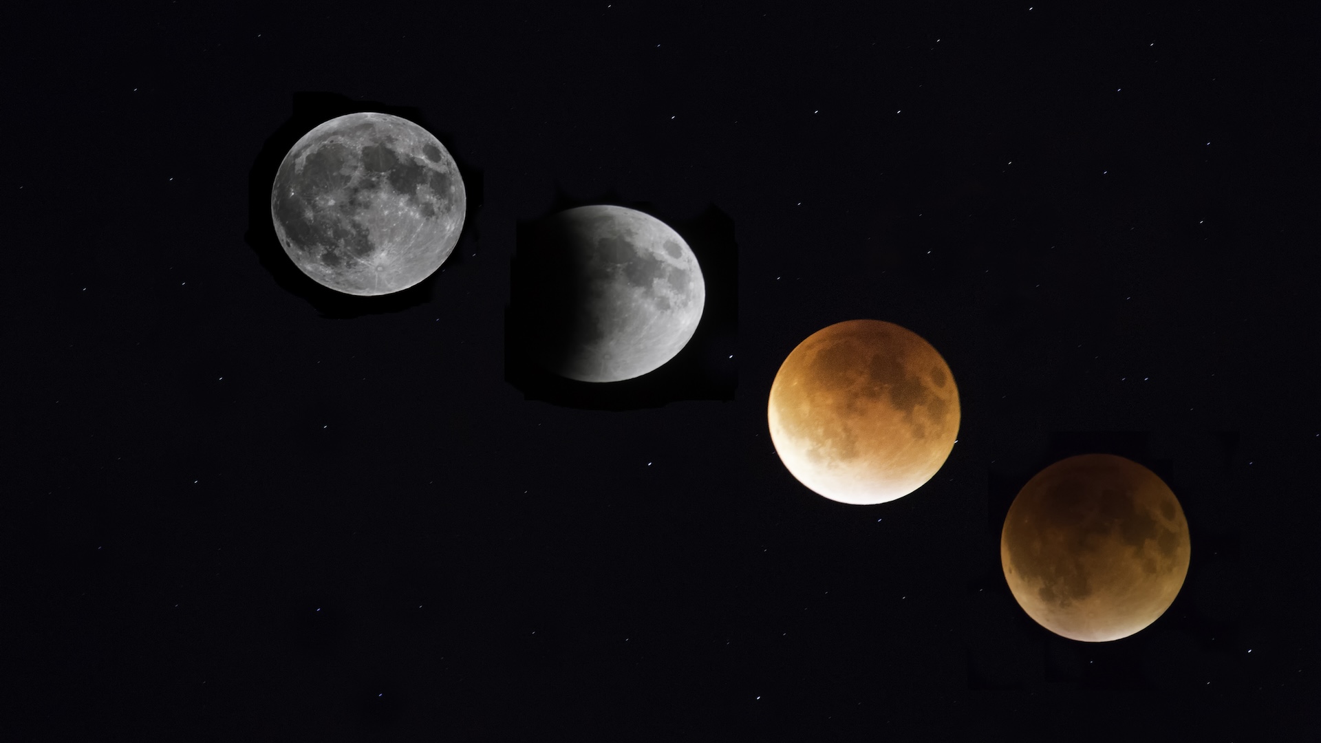 a composite image of the progression of a total lunar eclipse