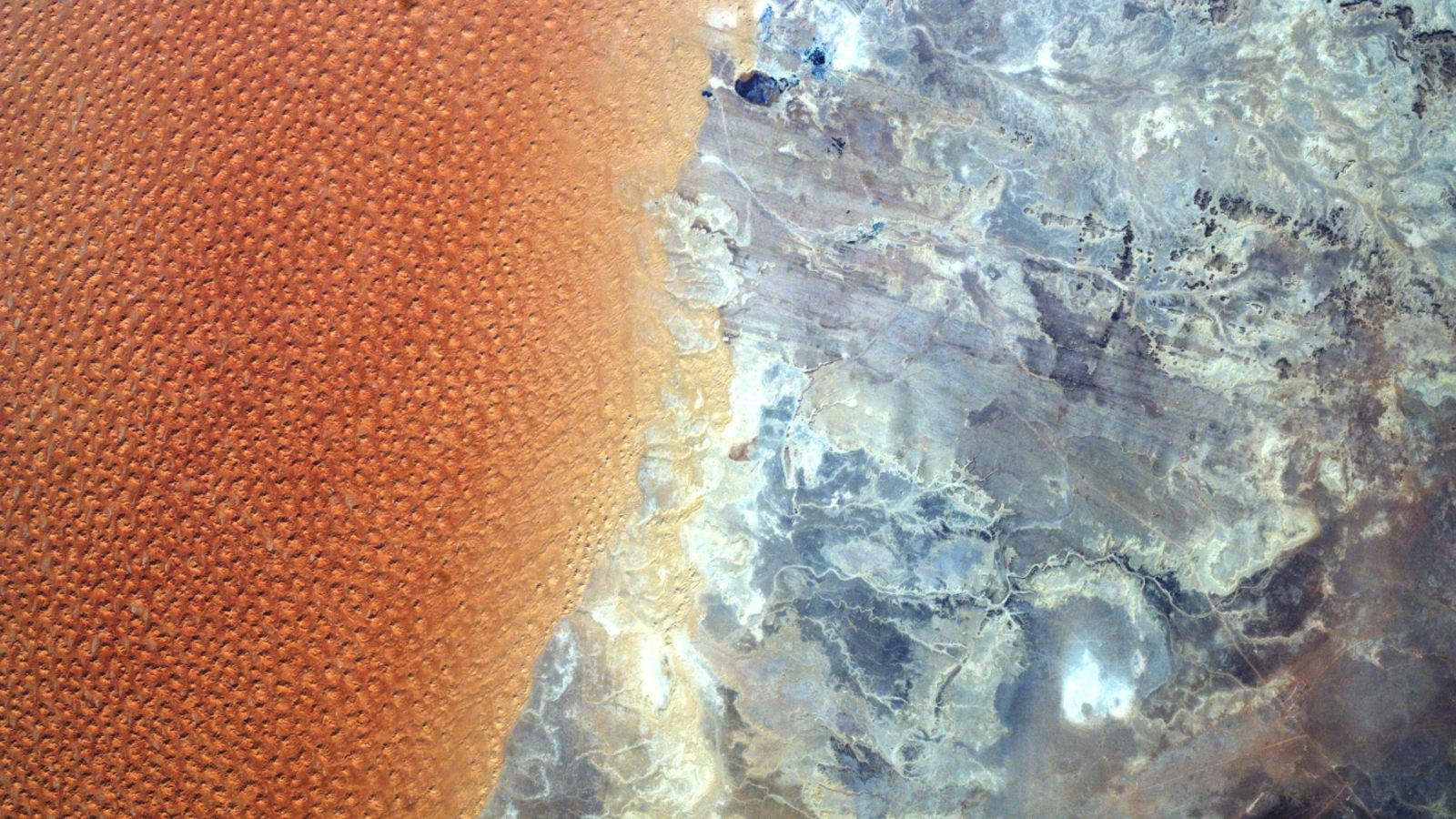 A satellite photo showing the stark contrast between a field of orange star dunes and a barren rocky wilderness split half-and-half across the image
