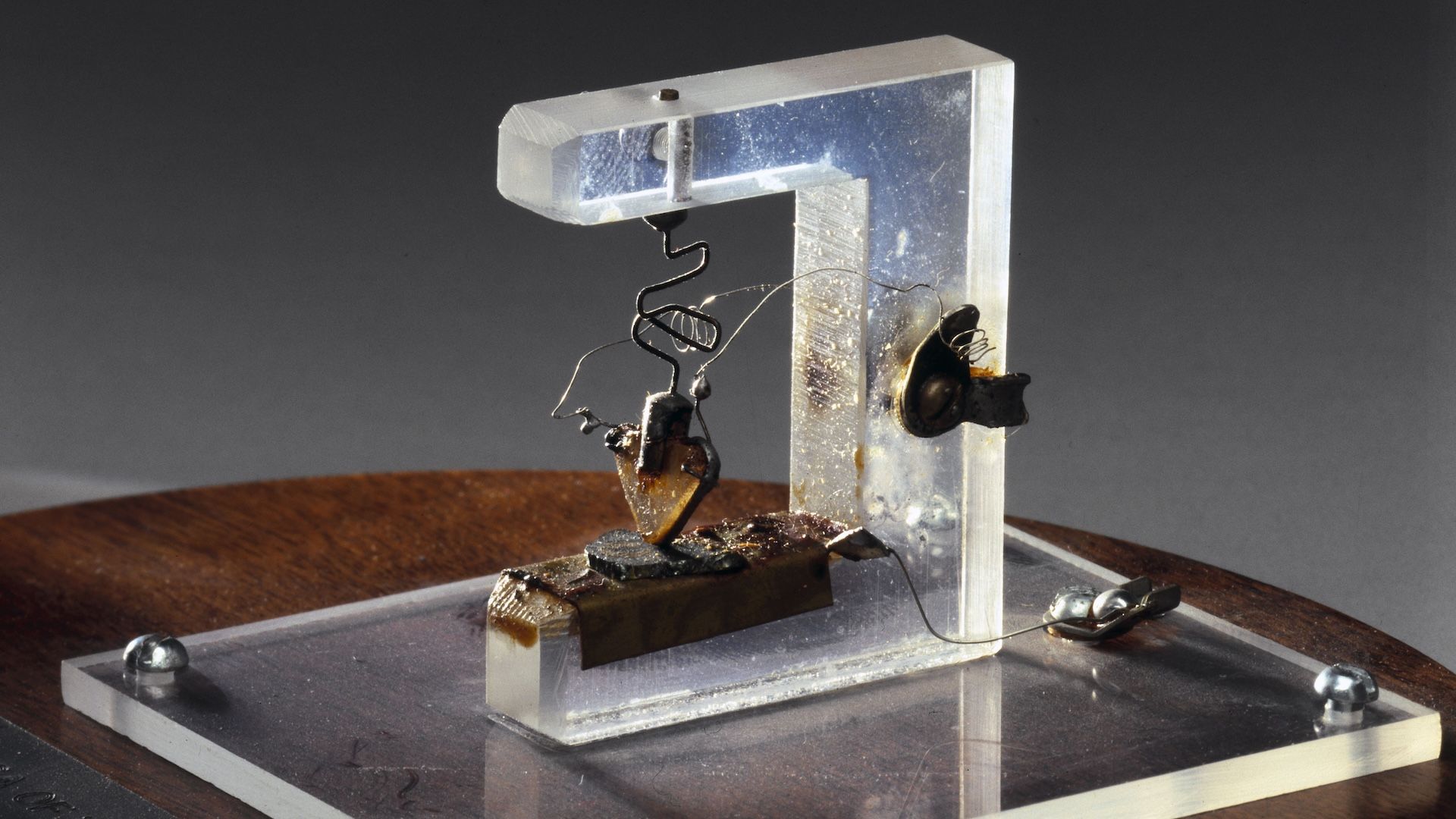 A photograph of a replica of the world's first working transistor