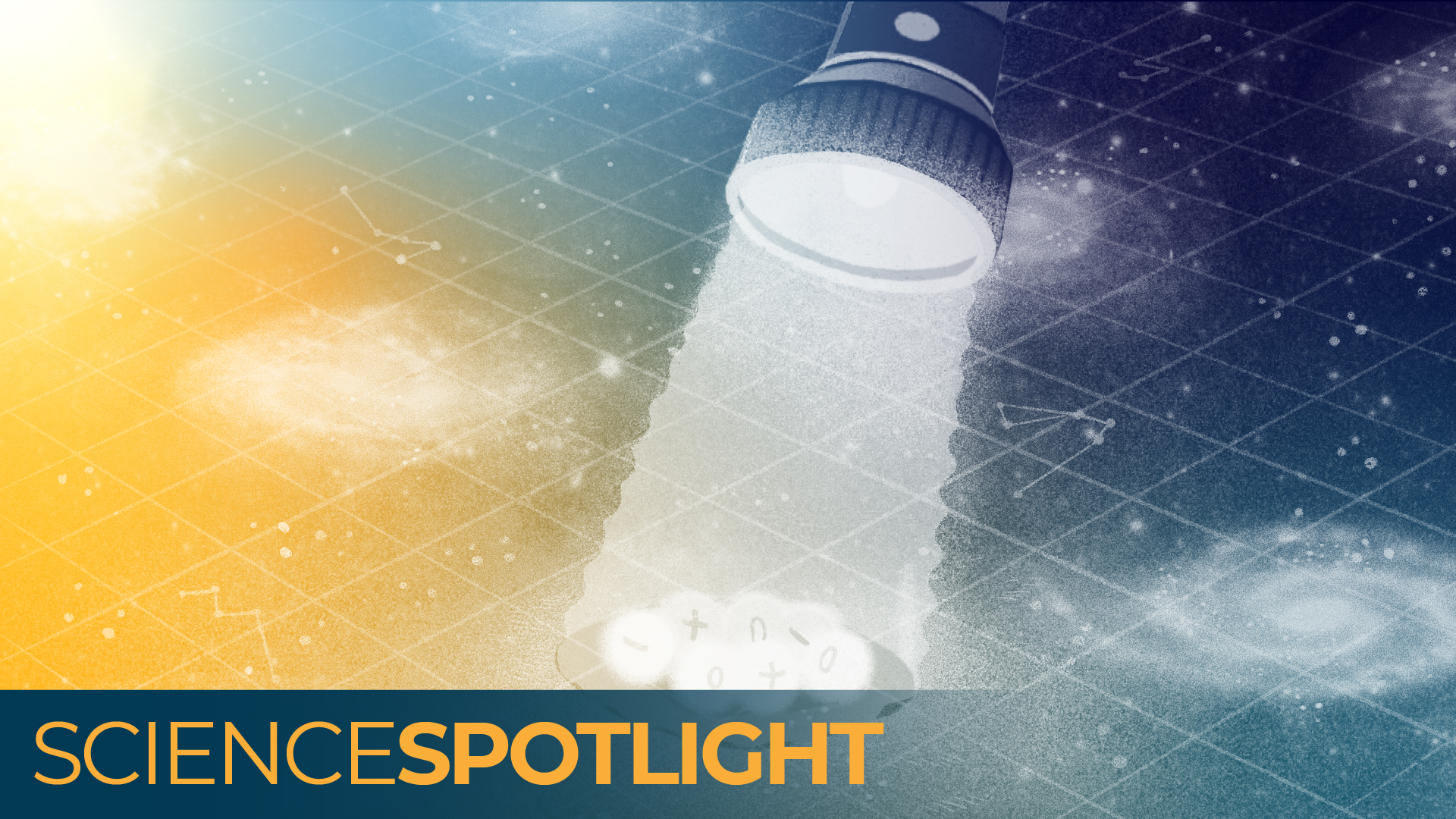 Illustration d'une lampe de poche éclairant différents types de particules avec un fond de galaxies dans l'espace