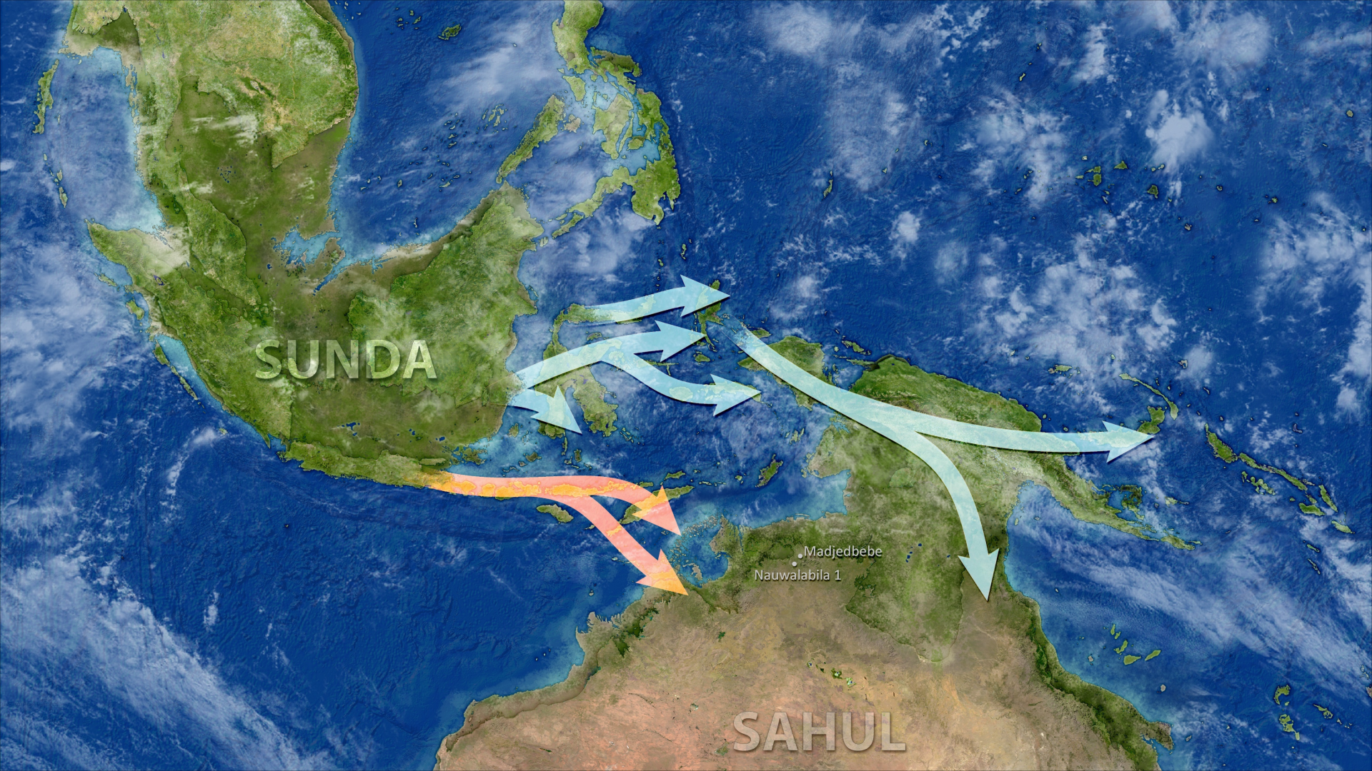 a map of Sundaland showing possible migration routes of early humans into Sahul
