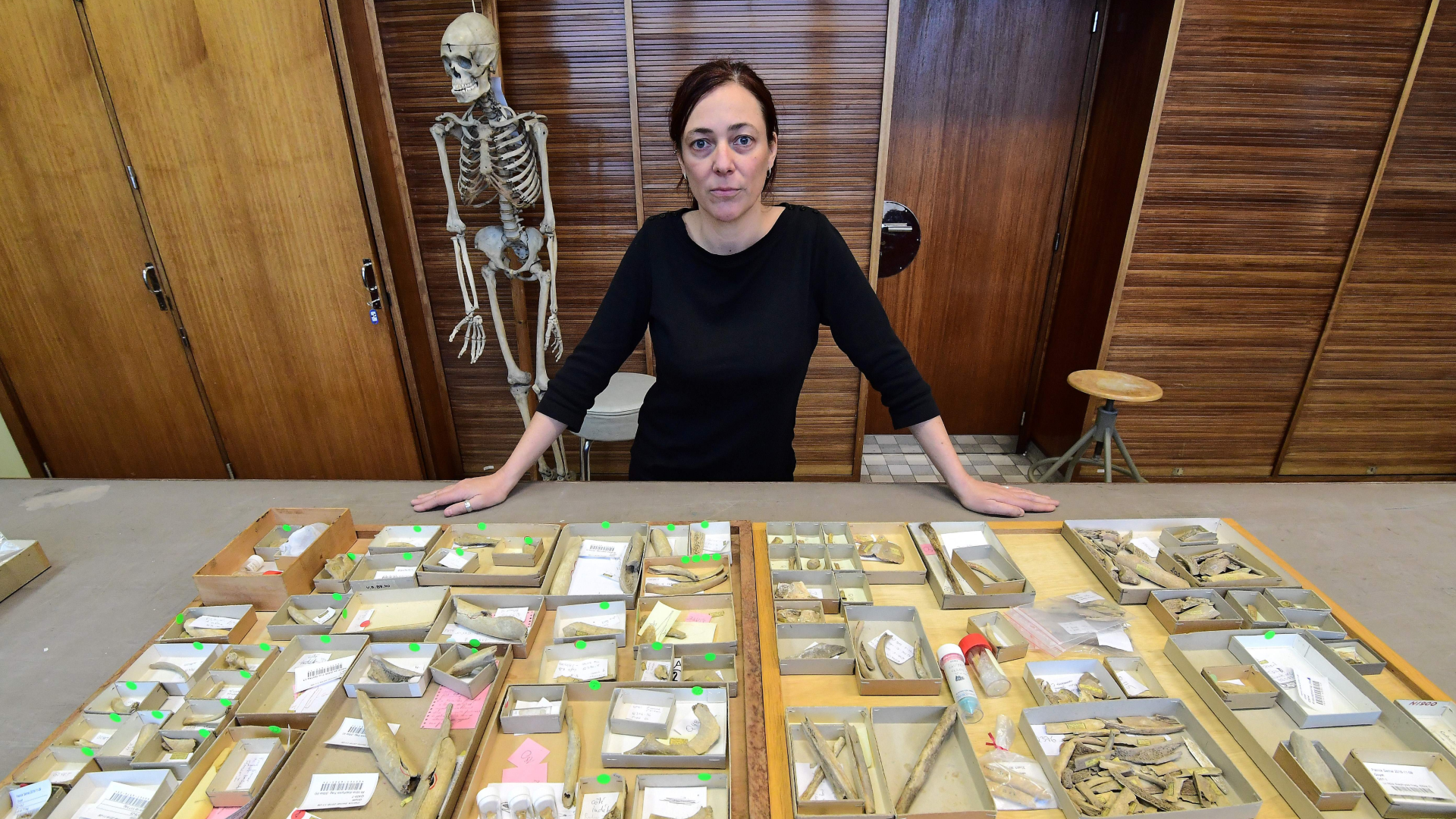 a woman stands in front of a table full of bones with a human skeleton in the background
