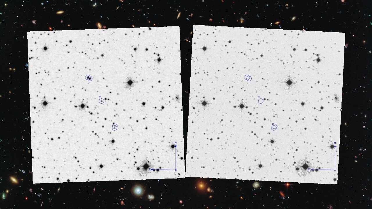 One night in 1952, five transient objects (blue circles) appeared and disappeared within an hour, archival sky surveys show. Scientists are digging into the decades-old mystery.