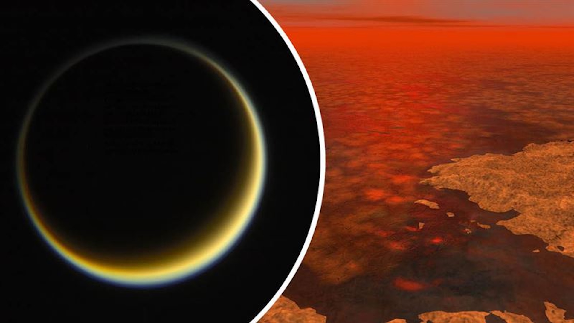 à gauche, une image de Titan au télescope. À droite, une reconstitution de ce à quoi pourrait ressembler sa surface.