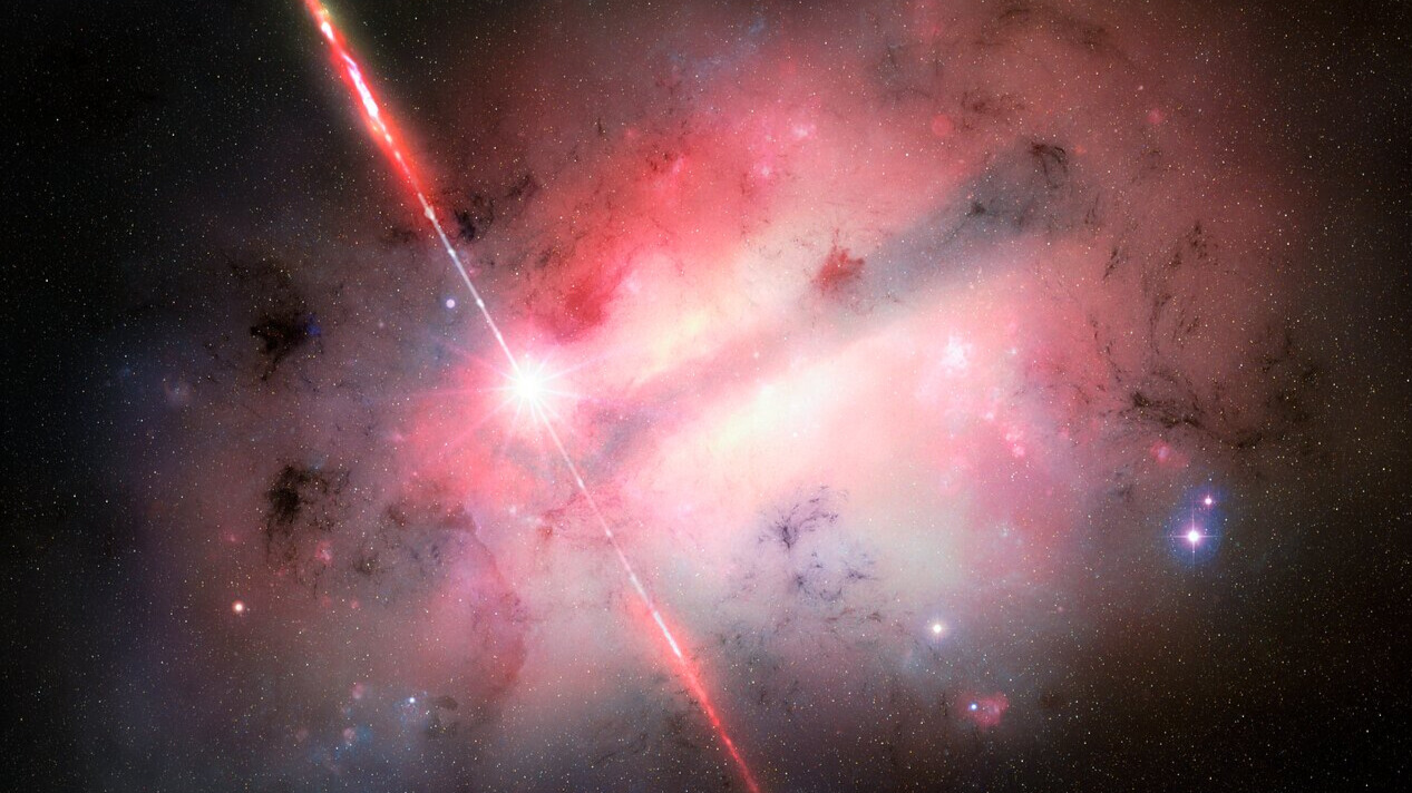 Une impression d'artiste du GRB 250702B, un orbe blanc brillant avec des rayons de lumière sortant parmi un nuage blanc et rose entouré par la noirceur de l'espace. 