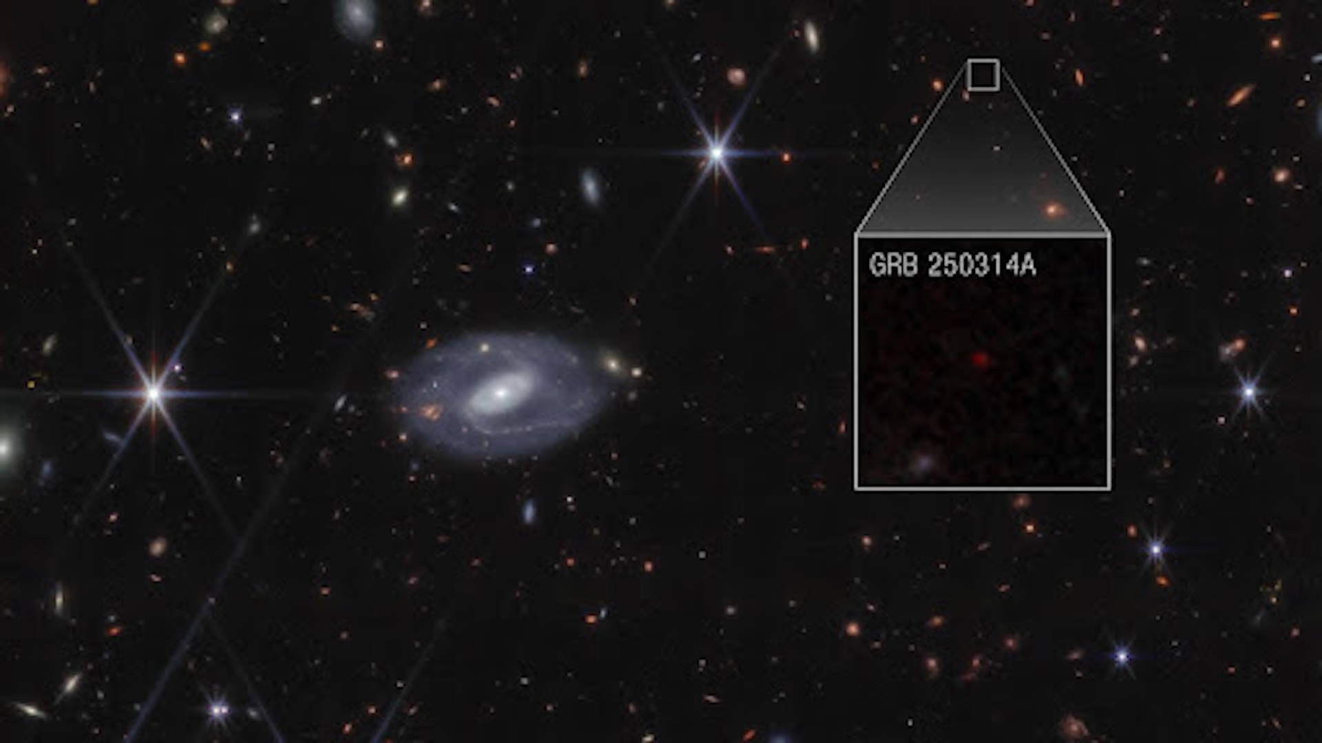 Une image de l'espace montrant des étoiles et des galaxies avec un cadre dans le quadrant supérieur droit indiquant l'emplacement de la supernova dans l'image. Une image agrandie en médaillon montre un point rouge qui représente la supernova.