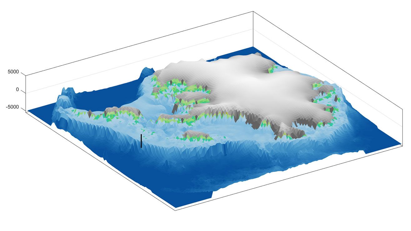 A graphic shows the outline of the modern area of the Antarctic continent, most of which is not covered by ice.