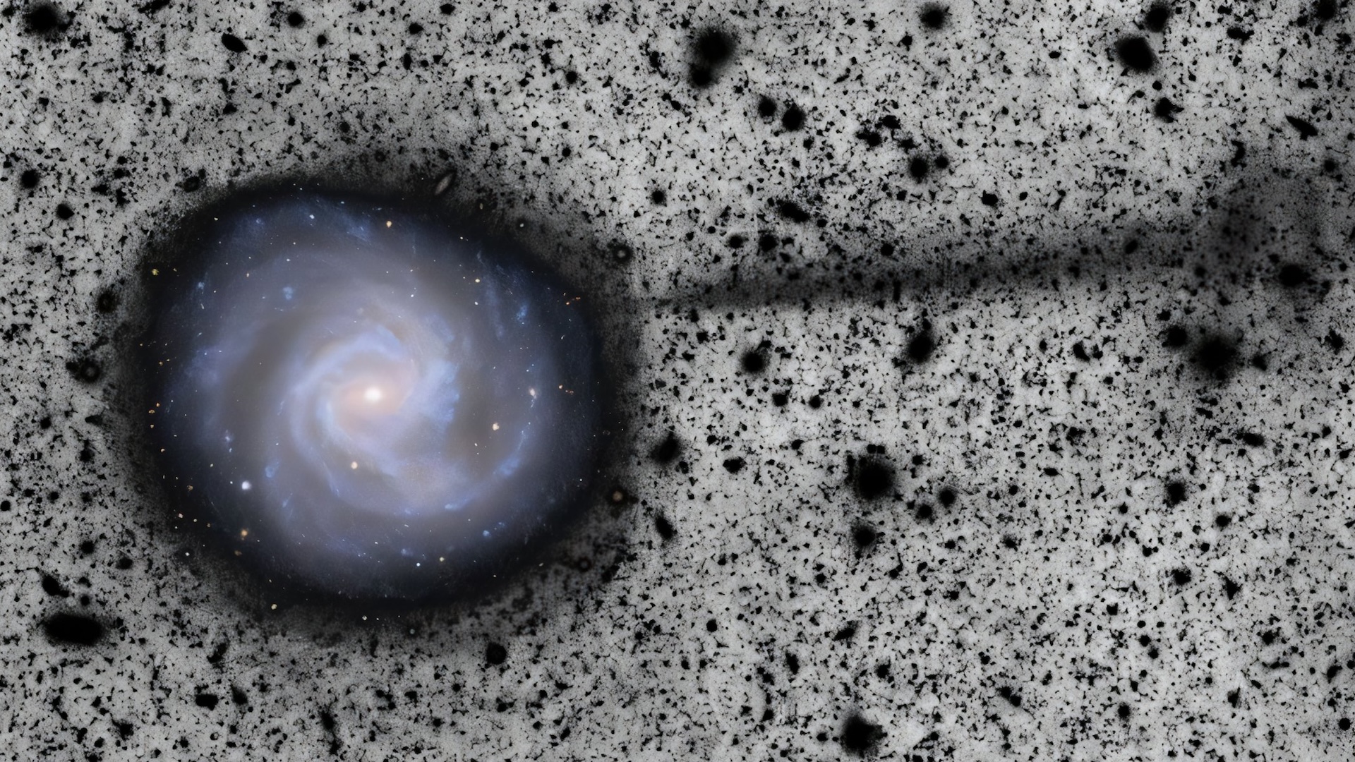 Image d'une galaxie spirale sur un fond noir et blanc tacheté avec un flux de matière noire émergeant de la galaxie