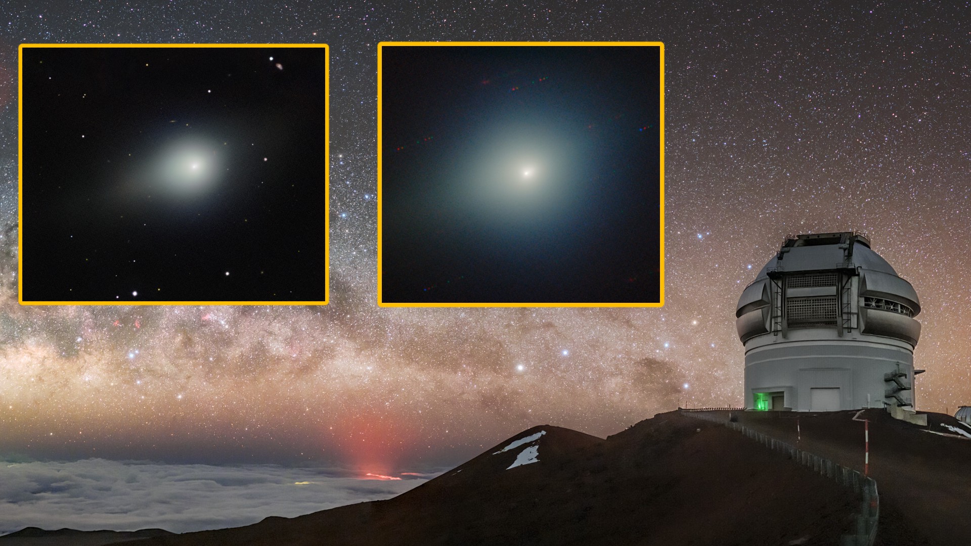 Deux images de télescope de la comète 3I/ATLAS superposées à une photo de l'observatoire Gemini North à Hawaï