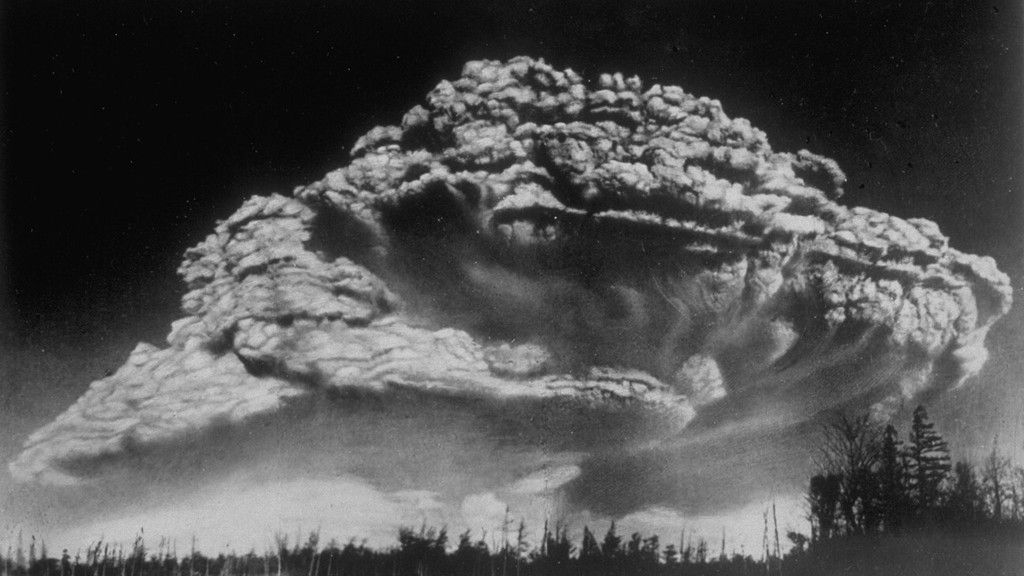 eruption of Bezymianny volcano in black and white