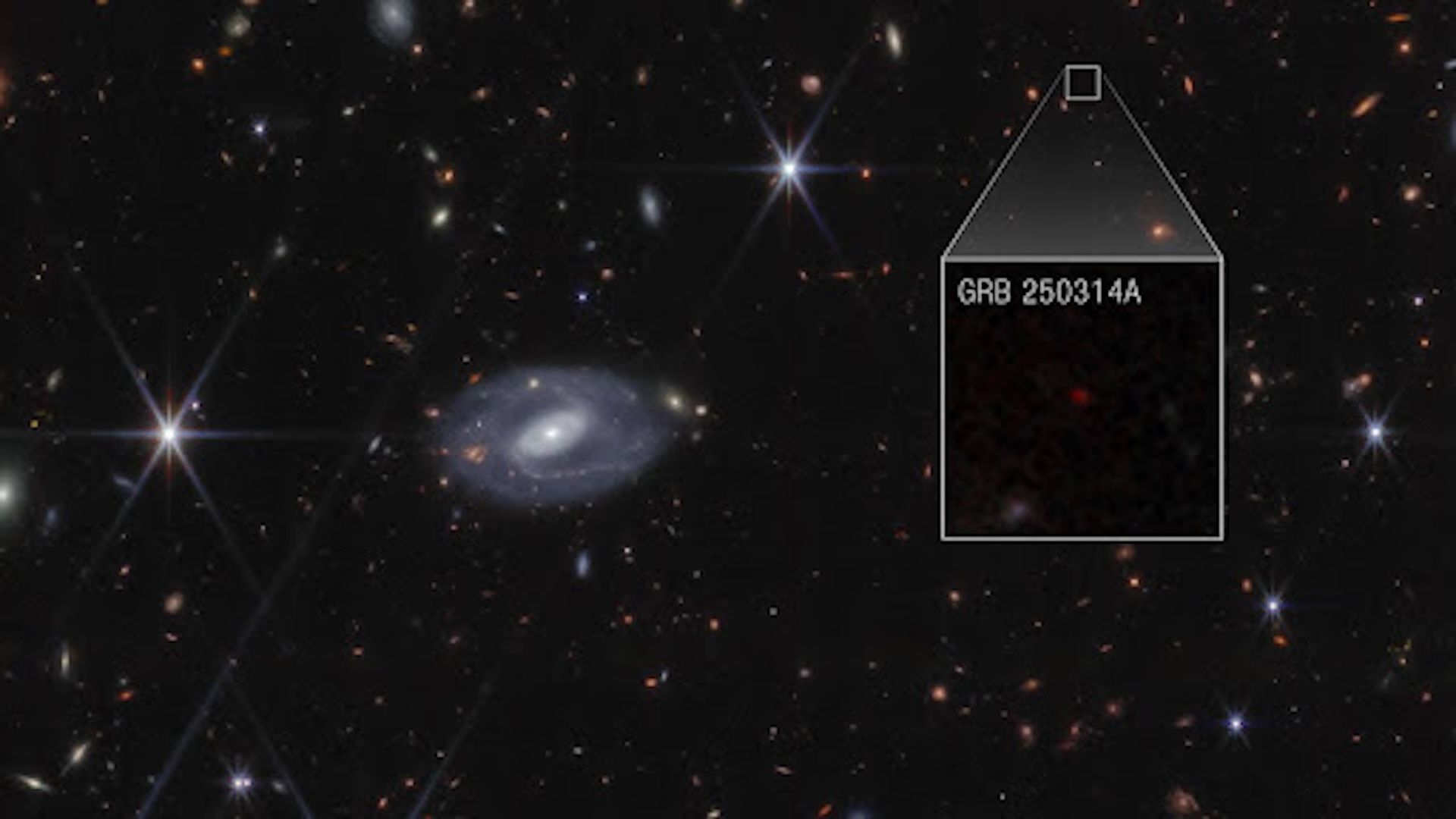 An image of space showing stars and galaxies with a box out in the top right quadrant showing the location of the supernova in the image. An inset zoomed-in image shows a red dot that represents the supernova.
