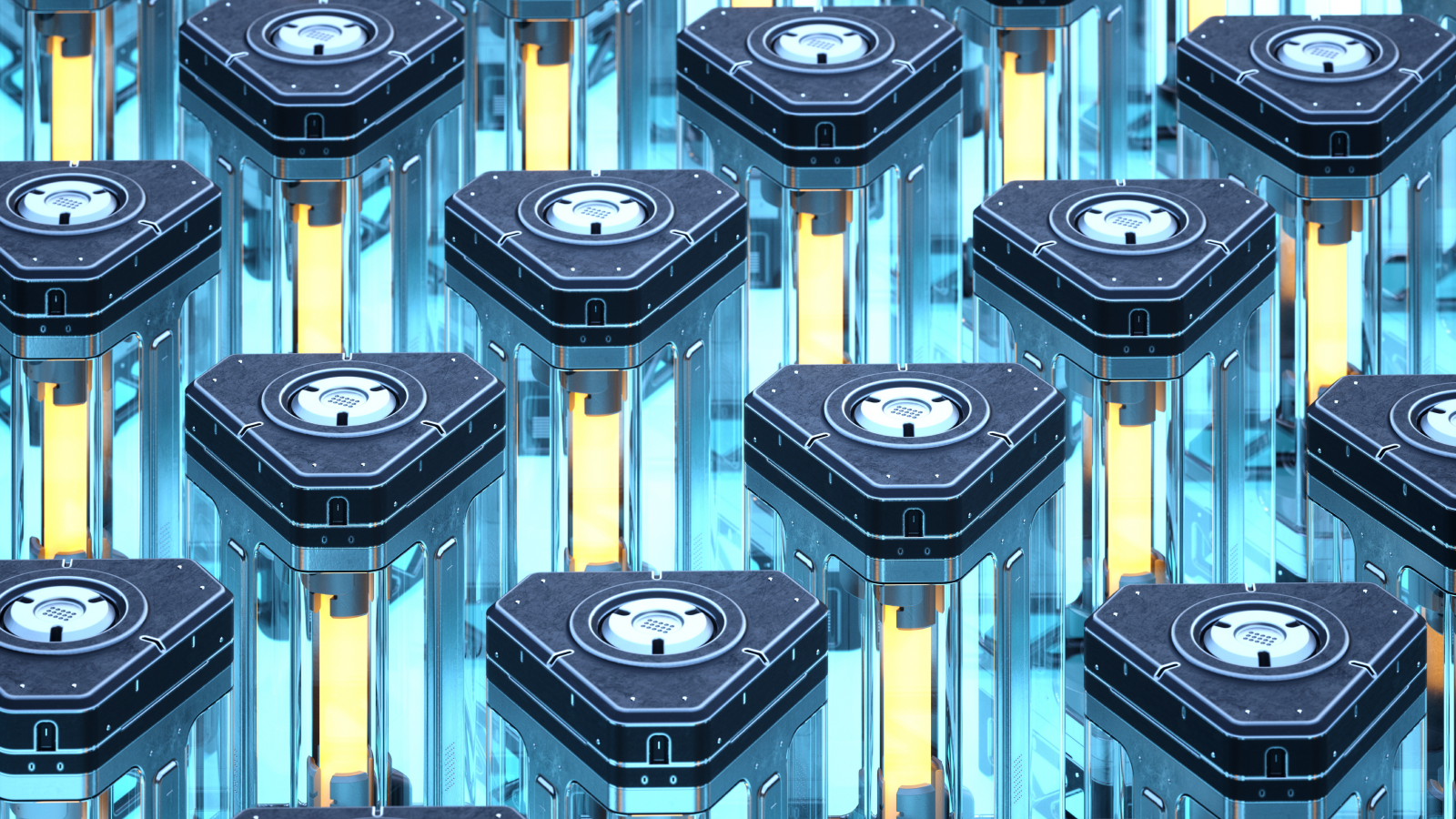 Image générée numériquement d'une batterie de forme triangulaire en métal, verre et élément lumineux à l'intérieur.