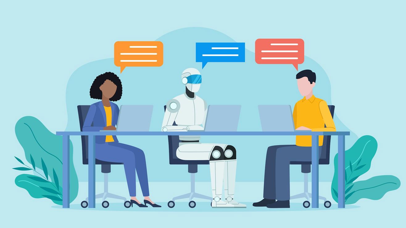 a cartoon illustration of a robot and two humans working on laptops together