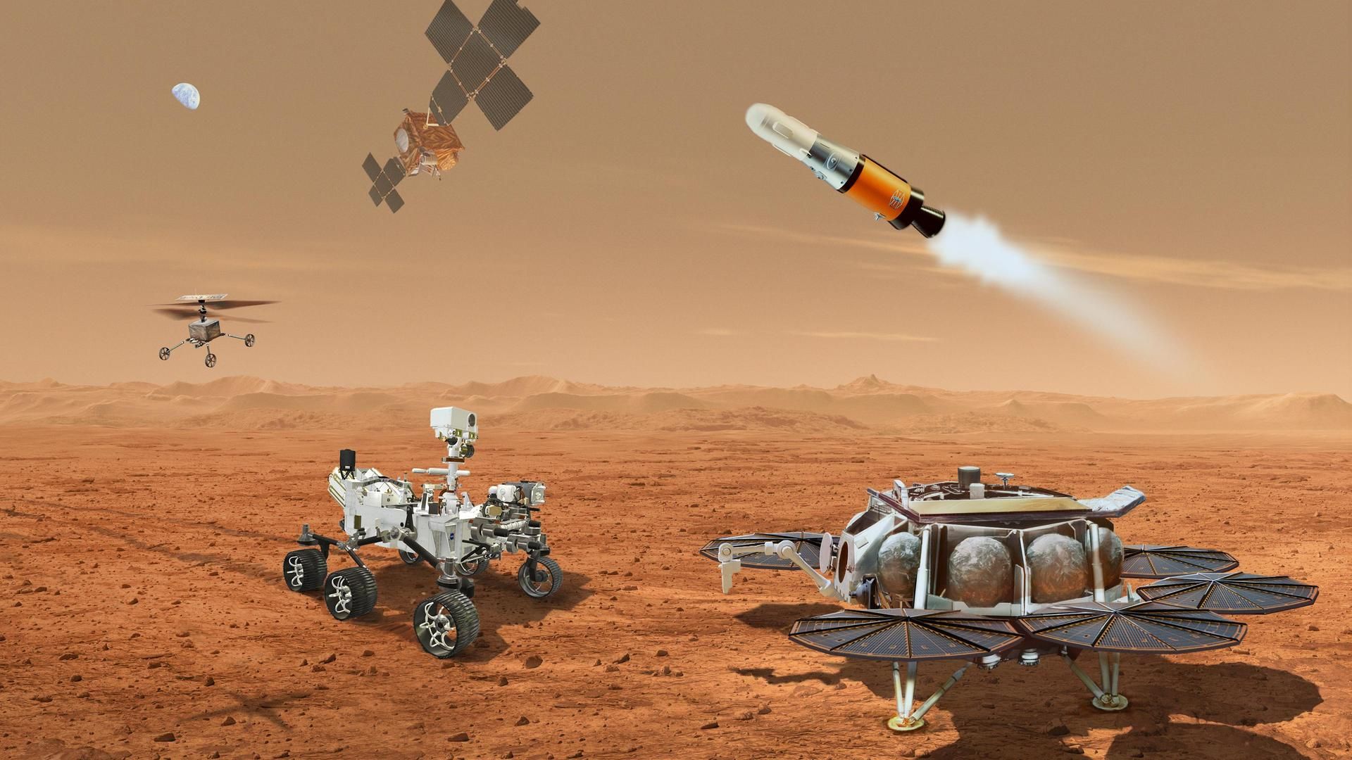 A rendering of multiple rovers, drones, sample caches, and spacecraft around the surface of Mars