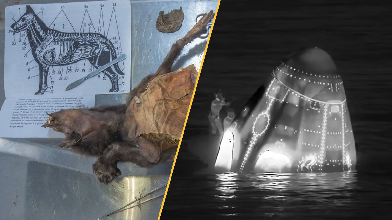There are two images, one of an ice age mummified wolf pup on its back, and the other of the spaceship floating in the water.