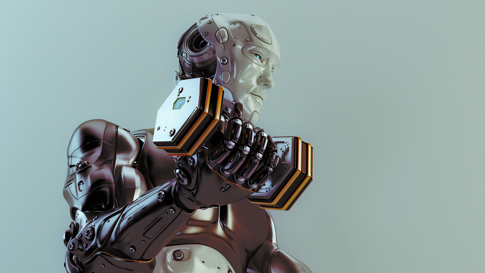 Illustration informatique d'un robot tenant un haltère.