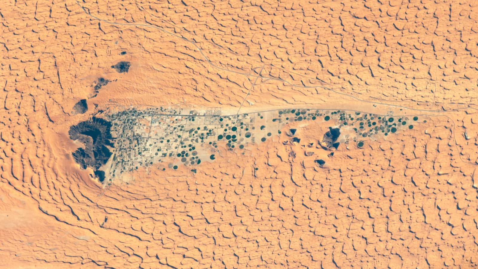 Satellite photo of a town full of crop circles next to a mountain in the desert